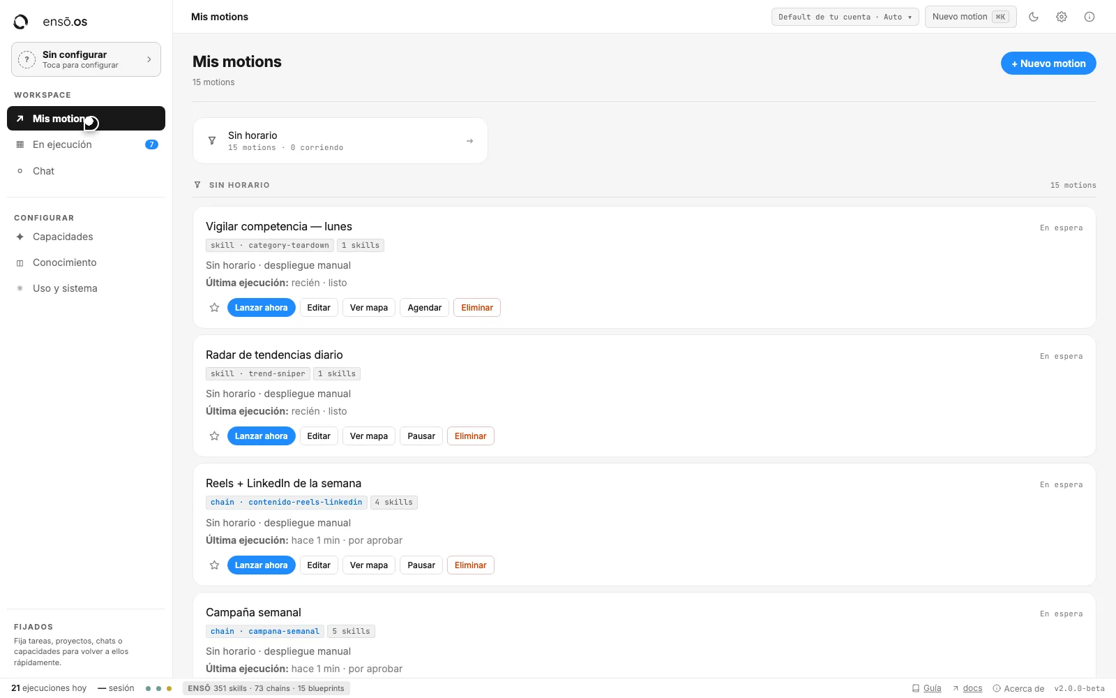 El panel de motions de ENSO OS, el workspace sobre el que se entrena al equipo