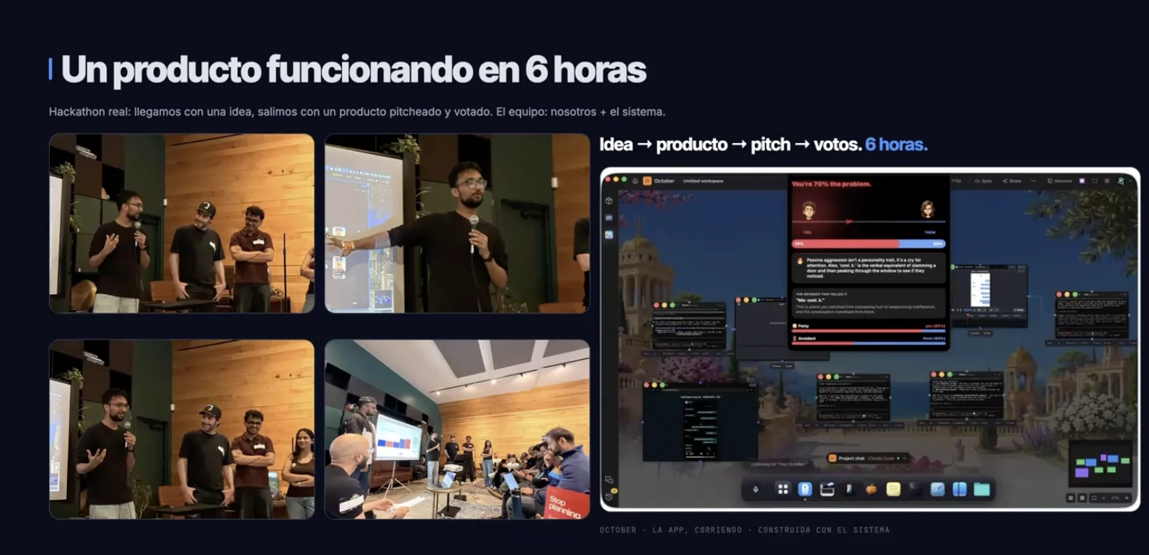 Slide de una sesión en vivo: cuatro fotos del equipo presentando en un hackathon y, al lado, la captura de la aplicación que construyeron durante el evento.